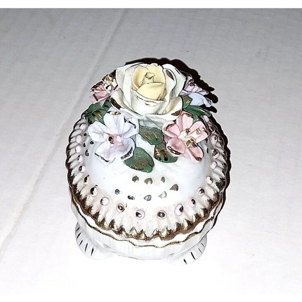 Porcelain Floral Gold Accent Trinket Dish Vintage